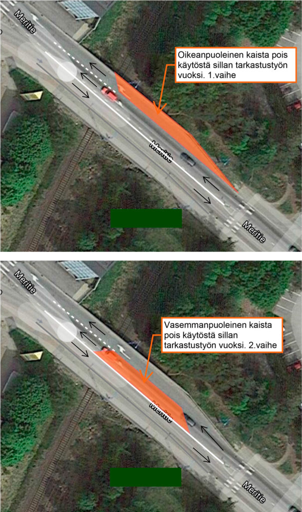 Karttakuva Meritien sillan kaistojen sulkemisesta