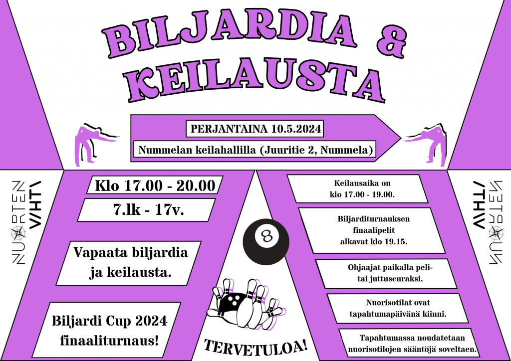 Nuorisopalveluiden biljardi- ja keilaustapahtuman mainos.