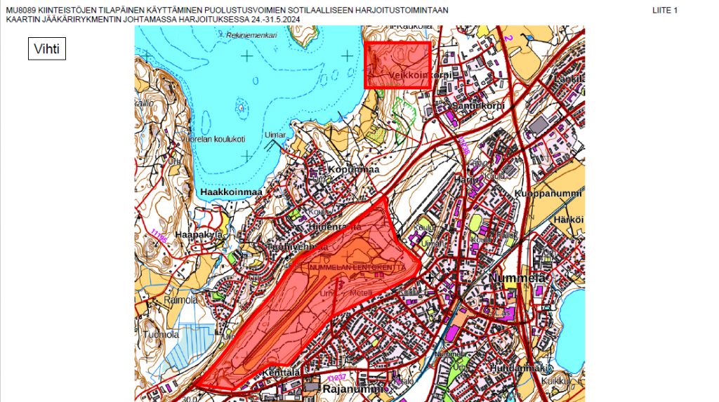 Karttaan merkittynä puolustusvoimien harjoituksessa käyttämät alueet
