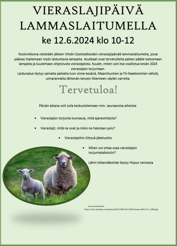 Ilmoitus vieraslajipäivästä. Kuvassa lammasemo ja karitsa